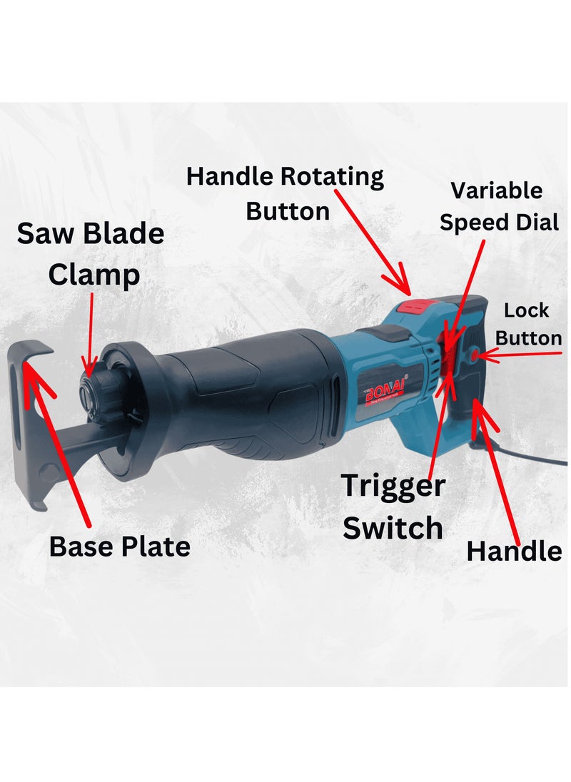 BONAI 1500W Corded Reciprocating Saw – Rotary Handle, 0-2800rpm, 20mm Stroke, Tool-Less Blade Change, 110mm Wood / 60mm Steel Cutting  - Image 2