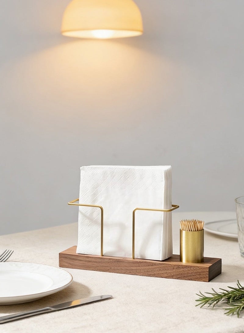 هومستيتيك حامل مناديل ومحارم عمودي من هومستيتيك مع حامل أعواد أسنان - ثنائي الوظيفة من خشب الجوز والفولاذ للمطابخ، المطاعم، وزينة طاولات رمضان - Image 1