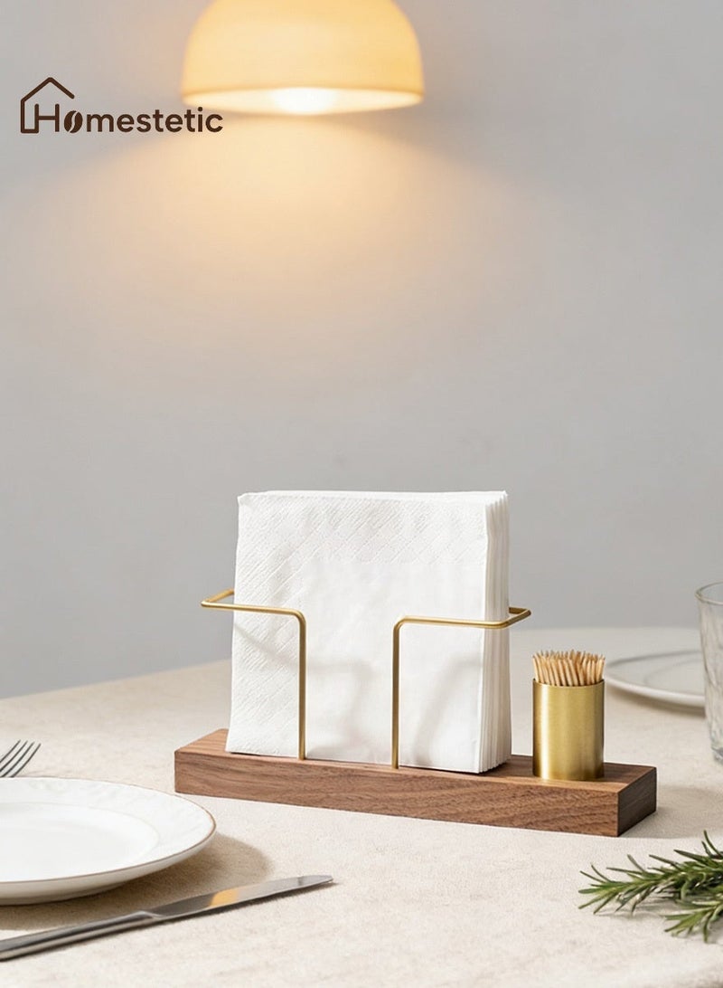 Homestetic Napkin Holder Stand for Table, Tissue Holder with Toothpick Holder, Wooden Base Metal Frame Table Organizer for Kitchen Restaurant - Image 1
