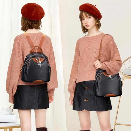 ALTOSY Soft Genuine Leather Backpack for Women Small Convertible Backpack Purse Shoulder Bag for Ladies (S97 Black/Brown) - Image 3