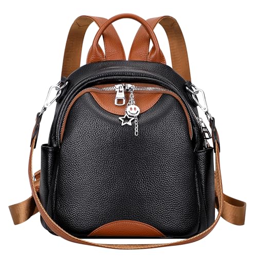 ALTOSY Soft Genuine Leather Backpack for Women Small Convertible Backpack Purse Shoulder Bag for Ladies (S97 Black/Brown) - Image 1