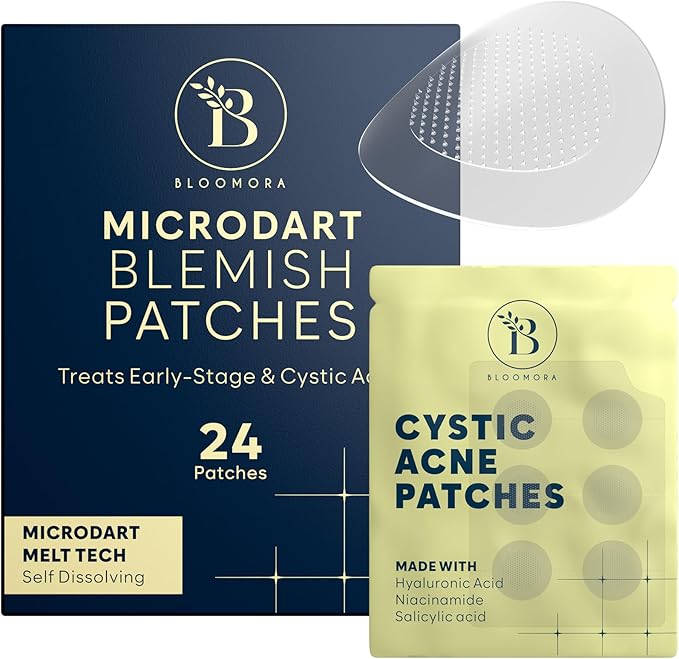 BLOOMORA Microdart Pimple Patch Cystic Acne Treatment Spot Patches Salicylic Acid Hyaluronic Acid Pimple Patches Microneedle Technology Early Stage Acne Patch 24 Count - Image 1