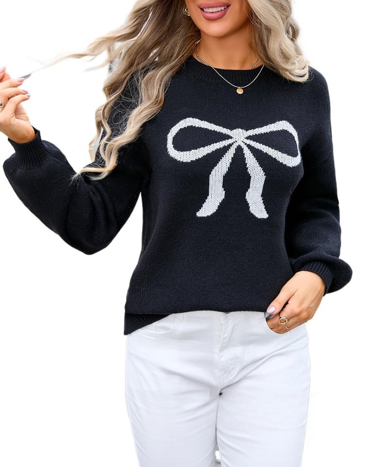 Sumleno Womens Fall Winter Casual Sweater Cute Bow Crewneck Long Sleeve Baggy Knit Sweatshirt Top Trendy Aesthetic Clothes (Black,L) - Image 1