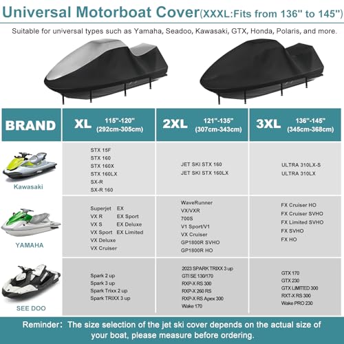 GRABADO Jet Ski Cover,Durable 420D Jetski Cover 3 Seater Waterproof,Upgraded Jetski Cover with 2 Air Vents，4 Windproof Buckles,All Weather Universal Cover for Yamaha Seadoo (Black, XXXL:136"-145") - Image 5