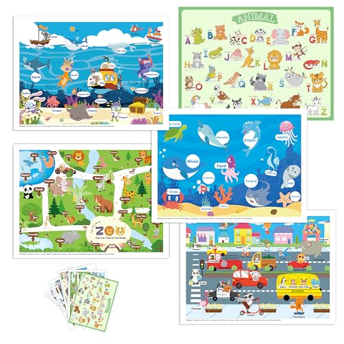 CartaChic Disposable Placemats for Baby Toddlers Plastic Sticky Table Mats Babies for Restaurants Parties Preschool Dining Table 5 Fun Designs Alphabet Sea DeepSea Road Zoo Animal40 Pack 12x18 Inches - Image 1