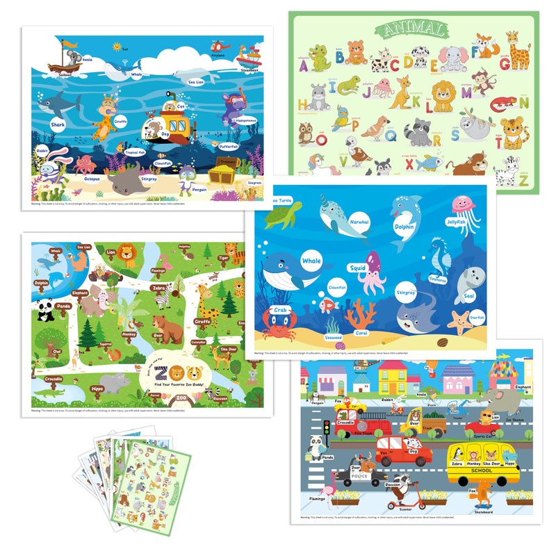 CartaChic Disposable Placemats for Baby Toddlers Plastic Sticky Table Mats Babies for Restaurants Parties Preschool Dining Table 5 Fun Designs Alphabet Sea DeepSea Road Zoo Animal40 Pack 12x18 Inches - Image 3