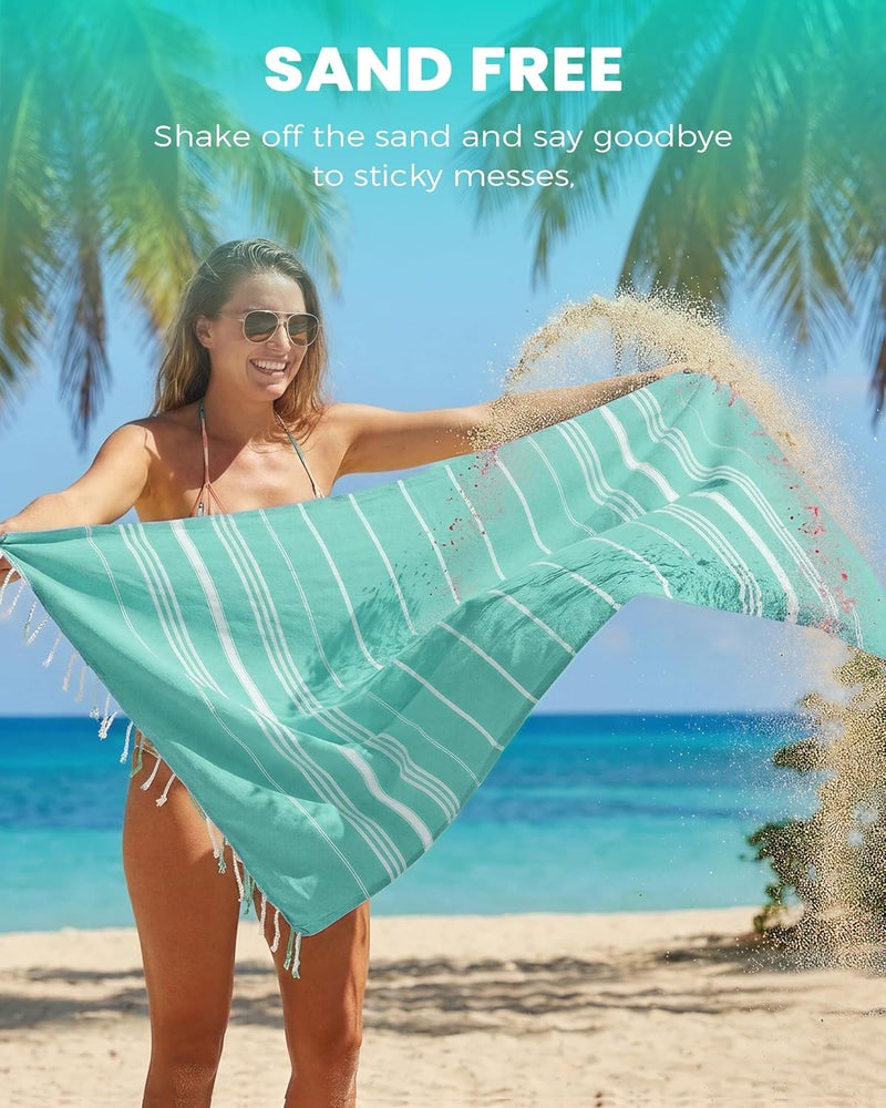 Antfuny Cotton Turkish Beach Towels Quick Dry Sand Free Soft Absorbent Adult Oversized Bath Pool Swim Long Wide Stripe Towel Sound Cloud Linen Sandfree Chamois Mat Summer Thing Lightweight Thin Mint Green - Image 3