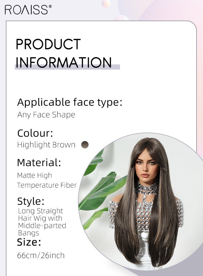 roaiss Highlight Brown Long Straight Hair Wig with Middle-parted Bangs for Women, Heat Resistant Synthetic Wig, Suitable for Wedding Cosplay Party Daily Wear, Natural Looking 66cm (26 inches) - Image 3
