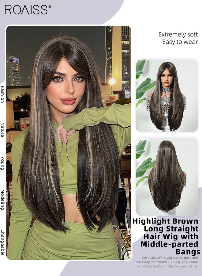 roaiss Highlight Brown Long Straight Hair Wig with Middle-parted Bangs for Women, Heat Resistant Synthetic Wig, Suitable for Wedding Cosplay Party Daily Wear, Natural Looking 66cm (26 inches) - Image 1