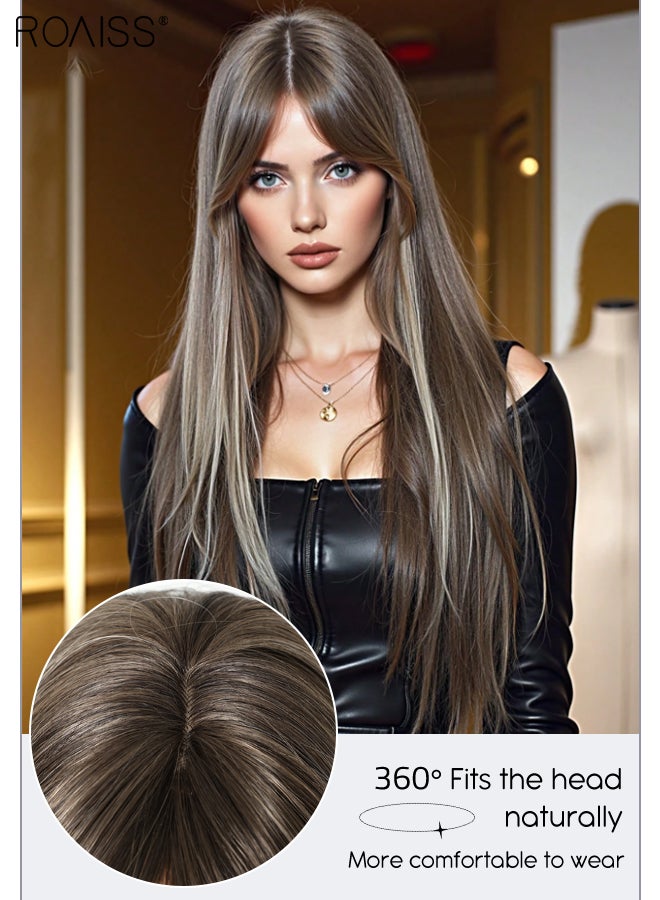 roaiss Highlight Brown Long Straight Hair Wig with Middle-parted Bangs for Women, Heat Resistant Synthetic Wig, Suitable for Wedding Cosplay Party Daily Wear, Natural Looking 66cm (26 inches) - Image 4