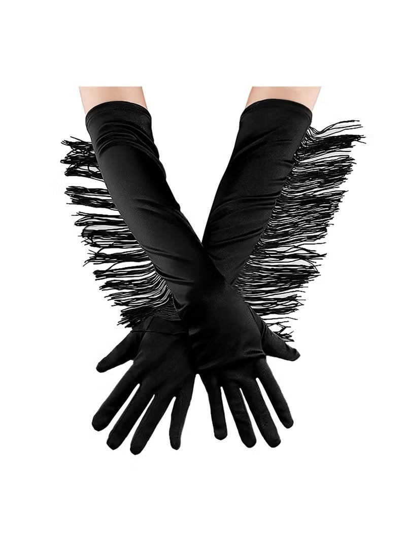 Geustos Satin Gloves Opera Gloves, Long Evening Gloves Women 20s Vintage Tassel Elbow Glove Decorative Mitten Bridal Gloves for Latin Dance Performance Costume Party Wedding - Image 2