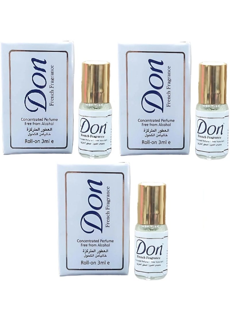 Three Pieces Of Rifas Don French Fragrance Roll-On Perfume Free From Alcohol White 3x3 ml