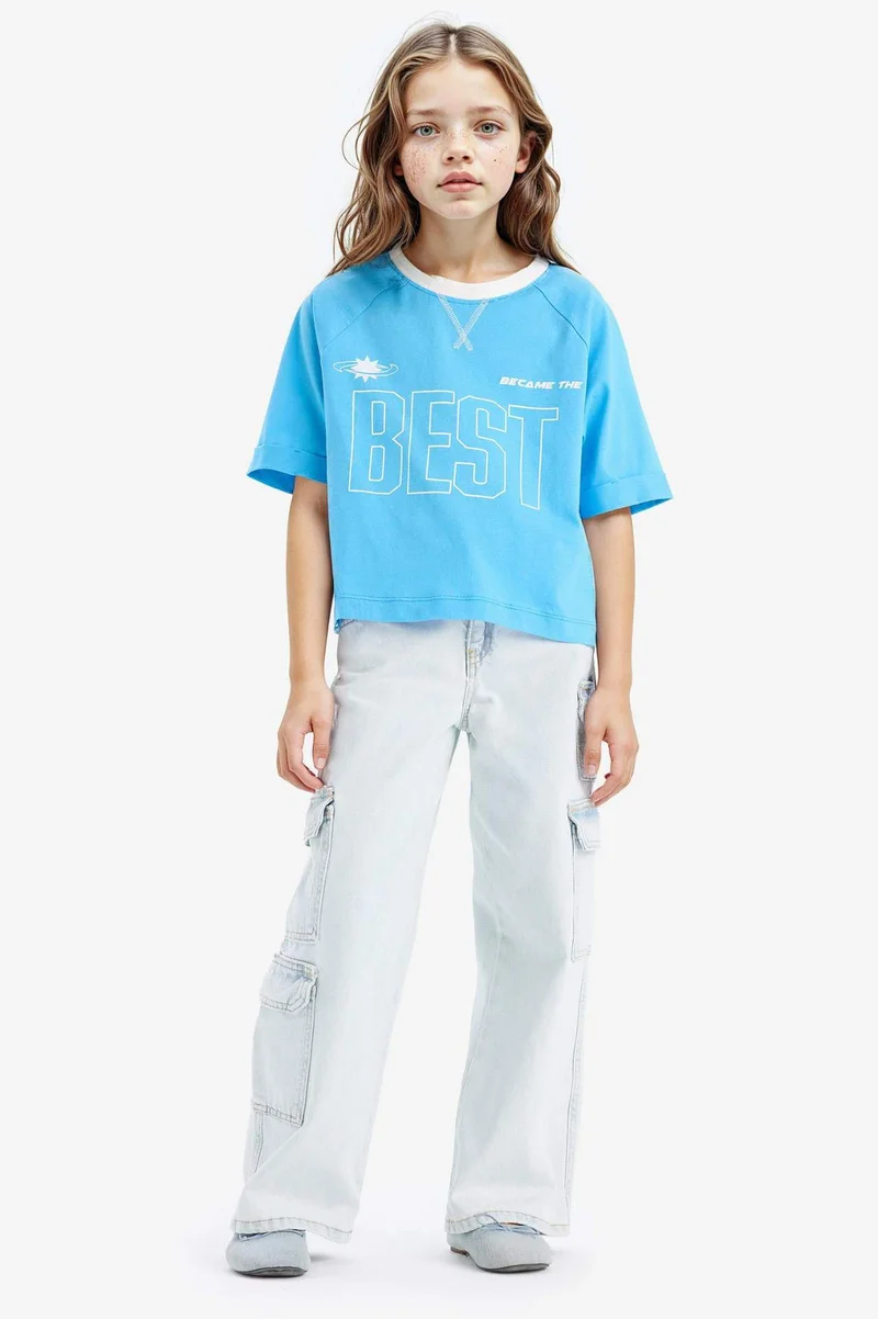 ديفاكتو Girl Boxy Fit Crew Neck Slogan Printed T-Shirt