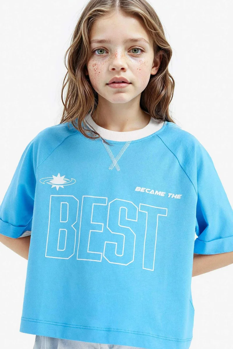 ديفاكتو Girl Boxy Fit Crew Neck Slogan Printed T-Shirt