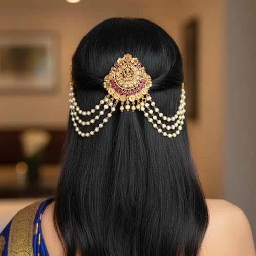 JWELLA Traditional Brass Choti Hair Accessory with Pearl Chains and Lakshmi Motif for Women | Gold Plated South Indian Bridal Juda Hair Accessory for Temple & Festive - Image 3