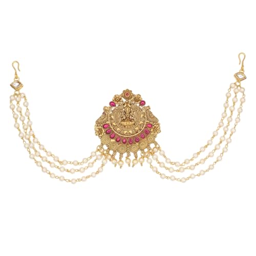JWELLA Traditional Brass Choti Hair Accessory with Pearl Chains and Lakshmi Motif for Women | Gold Plated South Indian Bridal Juda Hair Accessory for Temple & Festive - Image 1