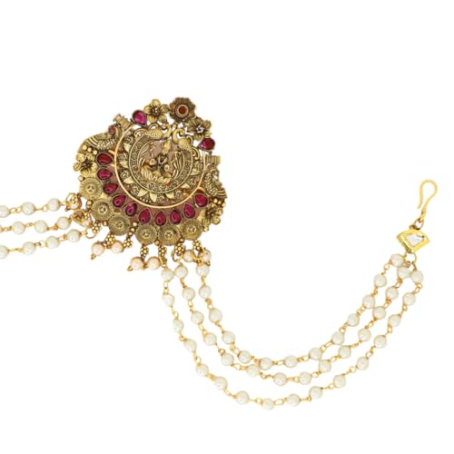 JWELLA Traditional Brass Choti Hair Accessory with Pearl Chains and Lakshmi Motif for Women | Gold Plated South Indian Bridal Juda Hair Accessory for Temple & Festive - Image 4