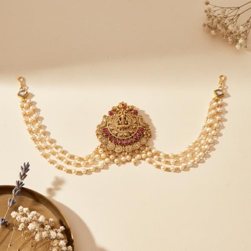 JWELLA Traditional Brass Choti Hair Accessory with Pearl Chains and Lakshmi Motif for Women | Gold Plated South Indian Bridal Juda Hair Accessory for Temple & Festive - Image 2