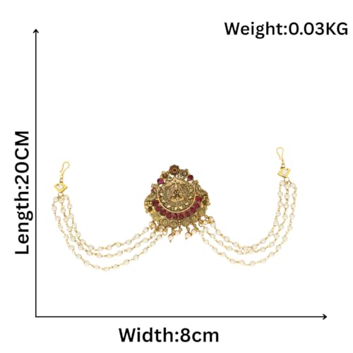 JWELLA Traditional Brass Choti Hair Accessory with Pearl Chains and Lakshmi Motif for Women | Gold Plated South Indian Bridal Juda Hair Accessory for Temple & Festive - Image 5