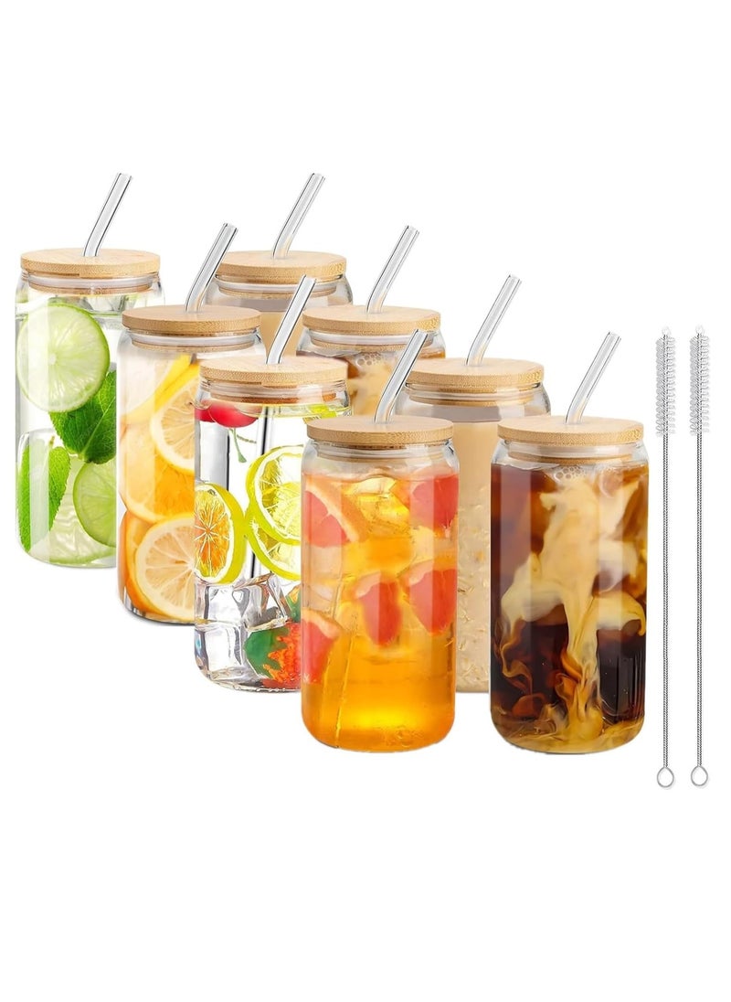 TYCOM Drinking Glasses with Bamboo Lids and Glass Straw, 500ml Can Shaped Glass Cups, Tumbler Cup Ideal For B Tea, Soda, Iced Coffee (8pc, 500m  - Image 1