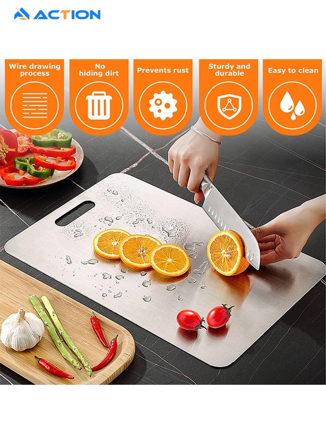 أكشن ألواح تقطيع ستان ستيل لوح تقطيع ستيل مزدوج الجوانب قطاعه الواح تقطيع غير قابل للانزلاق للحوم والجبن والفواكه والخضروات، آمن للاستخدام في غسالة الأطباق 39 × 28 سم قطاعات - Image 2