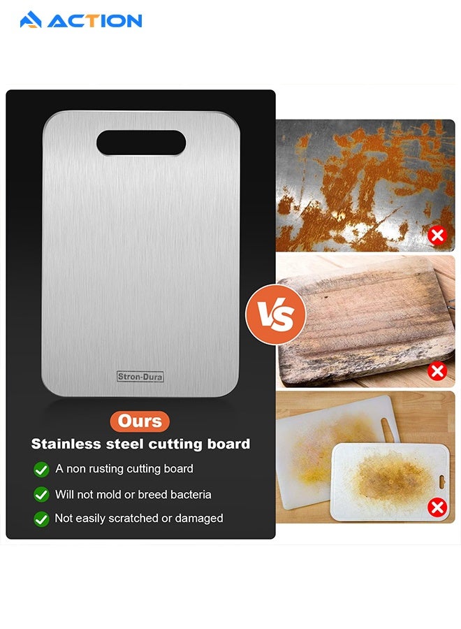 أكشن ألواح تقطيع ستان ستيل لوح تقطيع ستيل مزدوج الجوانب قطاعه الواح تقطيع غير قابل للانزلاق للحوم والجبن والفواكه والخضروات، آمن للاستخدام في غسالة الأطباق 39 × 28 سم قطاعات - Image 3