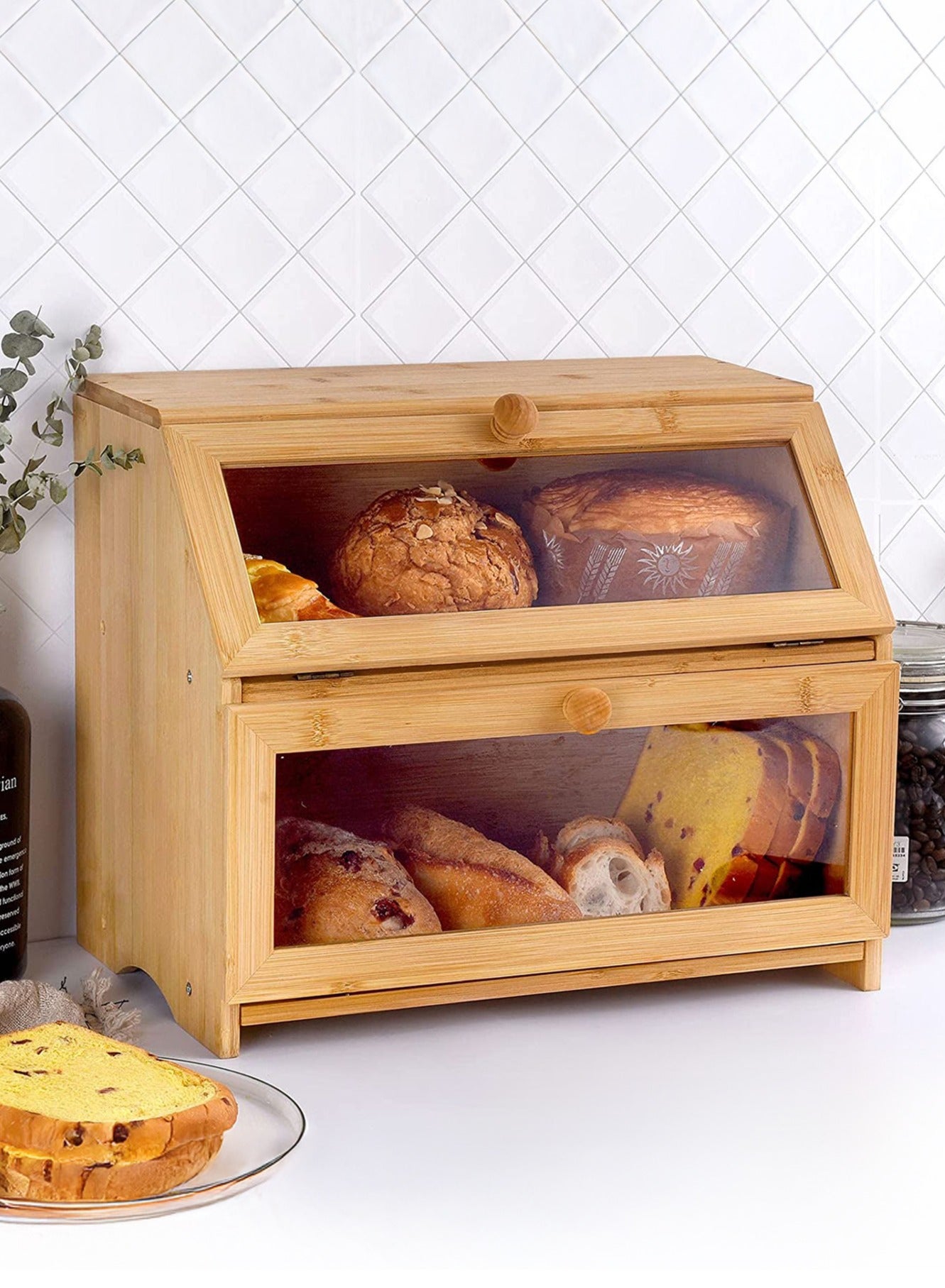2-Tier Wood Bread Storage Box, Kitchen Countertop Container Bin, Bamboo Food Organizer Holder, Vintage Farmhouse Fruit Organizer Pantry Shelf, Home Storage Bin with Clear Window