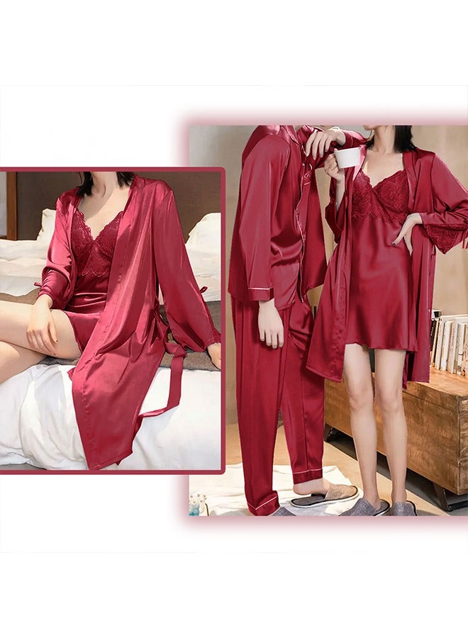 MARGOUN Summer Ice Silk XXL Men Pajamas Medium Women Lace Trim Robe Set Home Service Suit Casual Couple Sleepwear Nightwear Maroon - Image 3