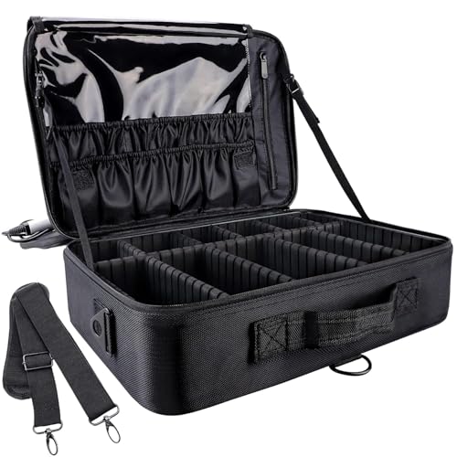 SHAMAX® Professional Makeup Bag for Women Travel Cosmetic Kit Storage (2-Layer) Vanity Bag Cosmetics Makeup Brush Bag with Adjustable Dividers Portable Zipper Closure(Black) - Adjustable Strap - Image 1