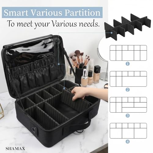 SHAMAX® Professional Makeup Bag for Women Travel Cosmetic Kit Storage (2-Layer) Vanity Bag Cosmetics Makeup Brush Bag with Adjustable Dividers Portable Zipper Closure(Black) - Adjustable Strap - Image 4