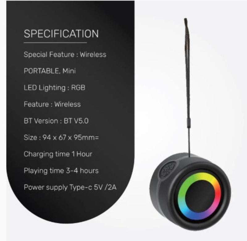 مكبر صوت لاسلكي صغير بتقنية بلوتوث 5.0 | مشغل موسيقى بإضاءة LED RGB | ميكروفون مدمج لإجراء مكالمات هاتفية بدون استخدام اليدين | منفذ لبطاقة TF ومنفذ AUX 3.5 ملم - Image 3