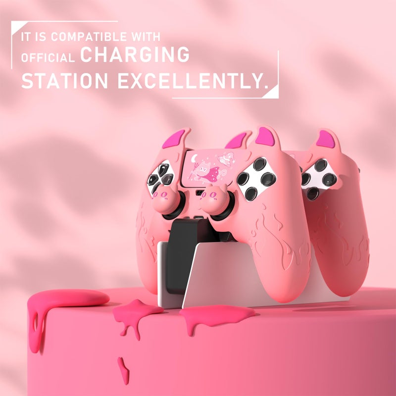 playvital غطاء بلاي فيتال لجهاز PS5 إيدج | غطاء سيليكون وردي شيطاني مع ملصق لوحة اللمس وأغطية قبضة الإبهام | ملحقات حالة حماية لطيفة - Image 3