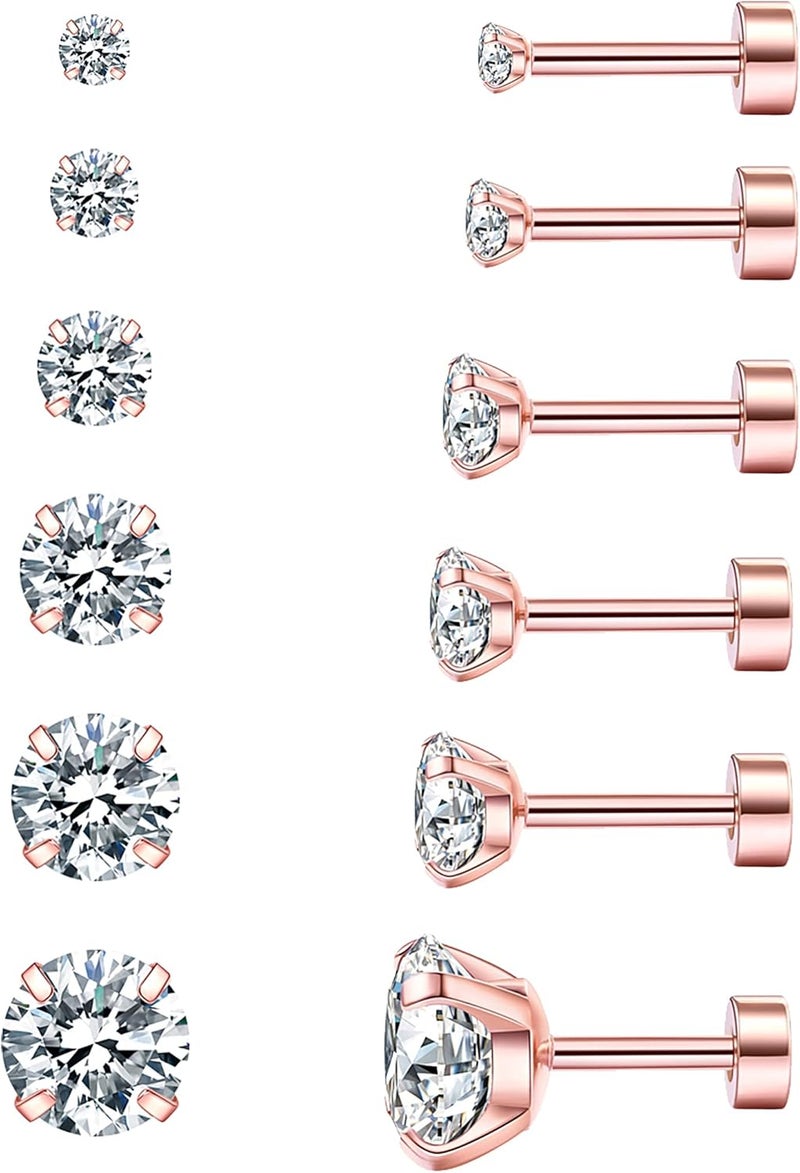 WSSXC 6 Pairs Hypoallergenic Cubic Zirconia Earrings Surgical Steel Flat Back Studs for Cartilage, Screw Back Fashion Jewelry - Image 1