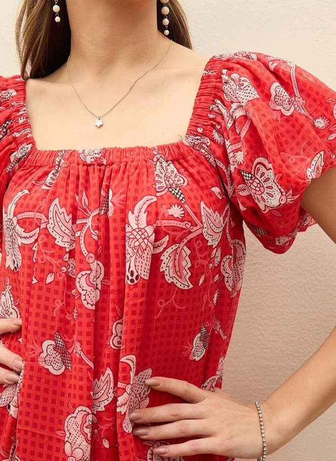 SASSAFRAS Floral Print Puff Sleeve Chiffon A-Line Dress for Women