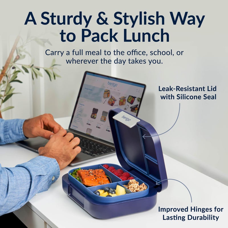 Bentgo Modern - Adult & Teen Bento Lunch Box; 3-4 Compartments, Leak-Resistant, 5.5 Cup Capacity/44 fl oz, Improved Locking Clips, Reusable, BPA-Free, Dishwasher/Microwave Safe Tray (Navy) - Image 2