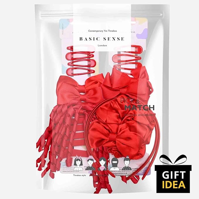 Basic Sense School Plain Hair Accessories Set 23pcs Hair Ties Scrunchies Ribbon Ponytail Holders Pins for School Uniforms Red