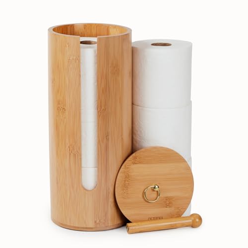 Gobam Bamboo Toilet Paper Storage with Dual-Use Lid, Freestanding Bathroom Tissue Organizer with Viewing Slot, Built-In Handle, Anti-Slip Base, Compact Toilet Paper Holder Stand for up to 3 Mega Rolls - Image 1