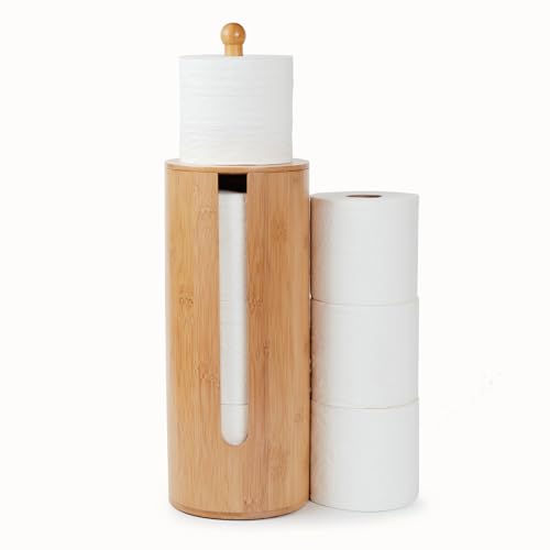 Gobam Bamboo Toilet Paper Storage with Dual-Use Lid, Freestanding Bathroom Tissue Organizer with Viewing Slot, Built-In Handle, Anti-Slip Base, Compact Toilet Paper Holder Stand for up to 3 Mega Rolls - Image 2
