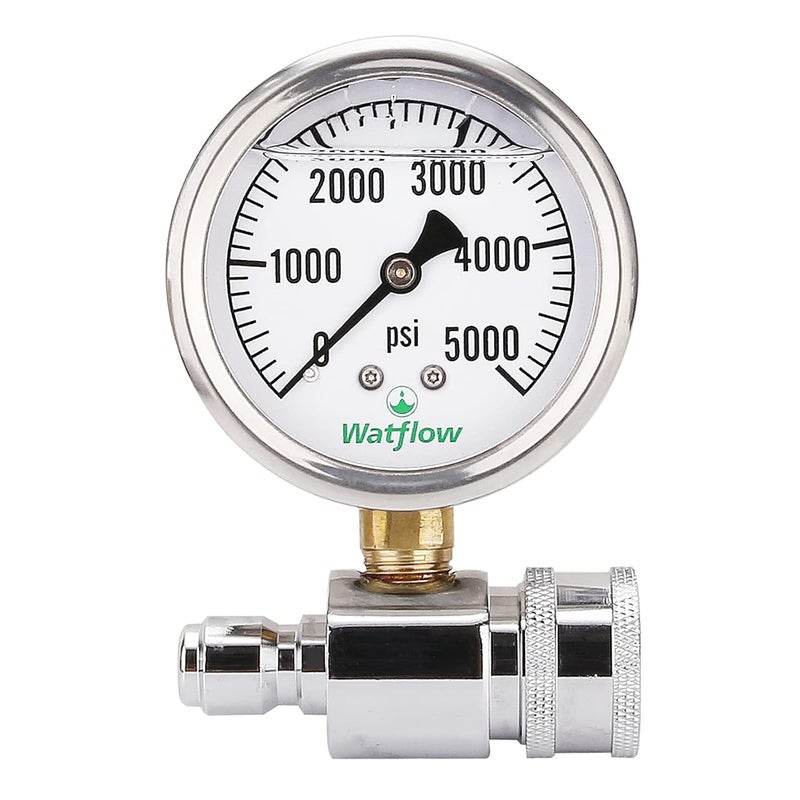 Watflow 2-1/2" Pressure Washer Pressure Gauge Kit, 3/8 Inch Quick Connect, 0-5000 PSI, Liquid Filled - Image 1