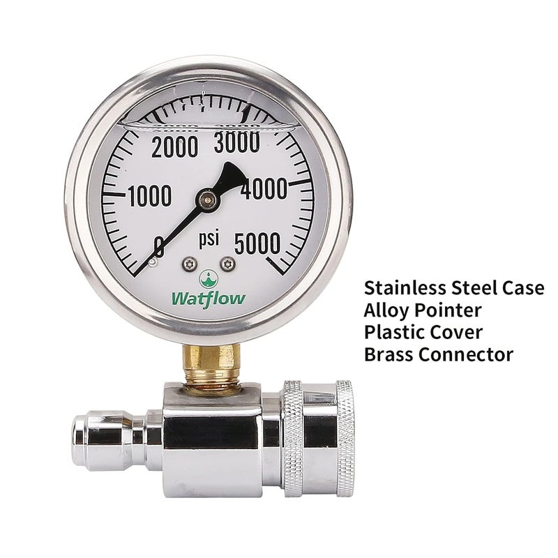 Watflow 2-1/2" Pressure Washer Pressure Gauge Kit, 3/8 Inch Quick Connect, 0-5000 PSI, Liquid Filled - Image 4
