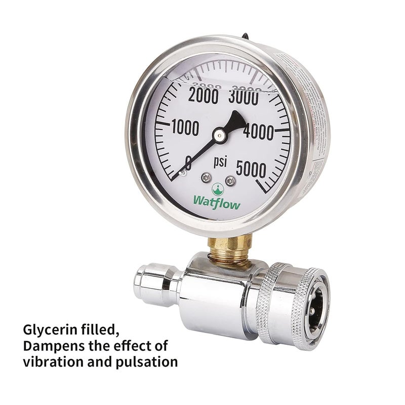 Watflow 2-1/2" Pressure Washer Pressure Gauge Kit, 3/8 Inch Quick Connect, 0-5000 PSI, Liquid Filled - Image 2