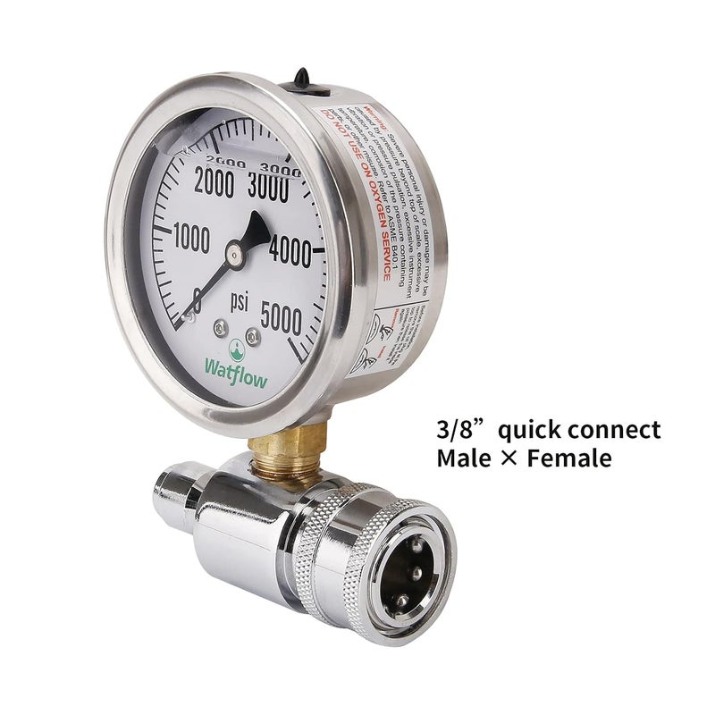 Watflow 2-1/2" Pressure Washer Pressure Gauge Kit, 3/8 Inch Quick Connect, 0-5000 PSI, Liquid Filled - Image 3