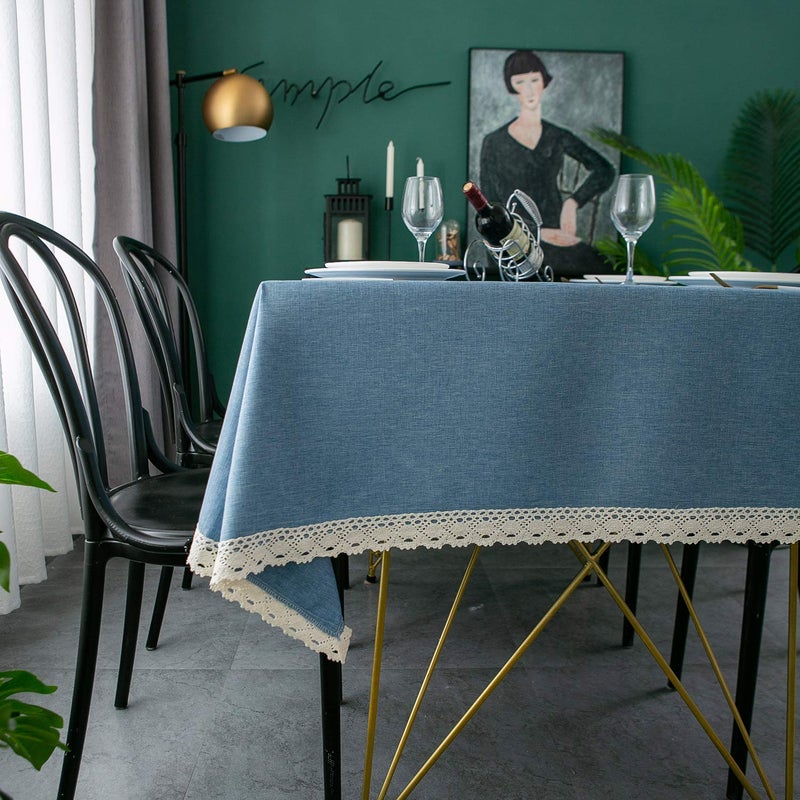 ehousehome faux linen tableroth مع تقليم الدانتيل - مقاوم للماء/مقاومة للبقعة مقاومة/تجاعيد خالية من الزيت - لحفلات مأدبة عشاء عطلة الزفاف مستطيل زرقاء 60x102inch - Image 2