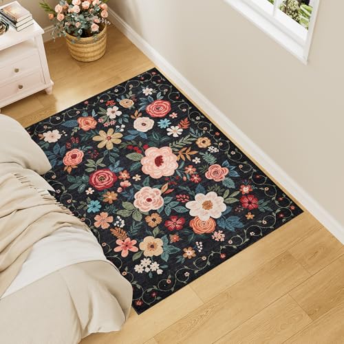 DUKINO 3x4 Area Rug Lightweight Non Slip Washable Floral Rug Indoor Low Pile NonShedding Boho Design Carpets for Bedroom Kitchen Dining Room Black - Image 3