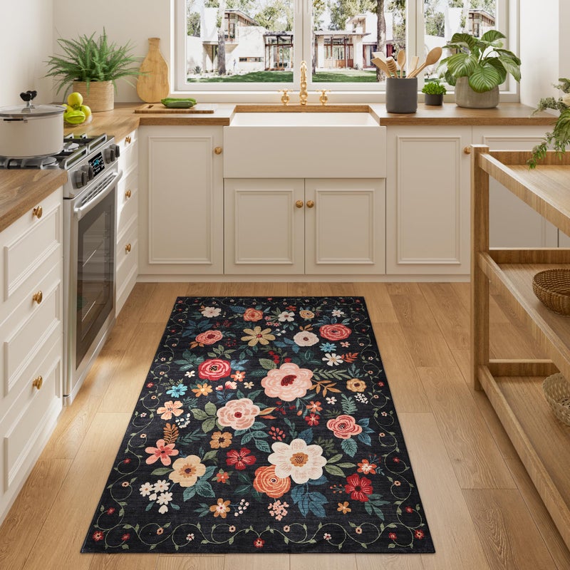 DUKINO 3x4 Area Rug Lightweight Non Slip Washable Floral Rug Indoor Low Pile NonShedding Boho Design Carpets for Bedroom Kitchen Dining Room Black - Image 2