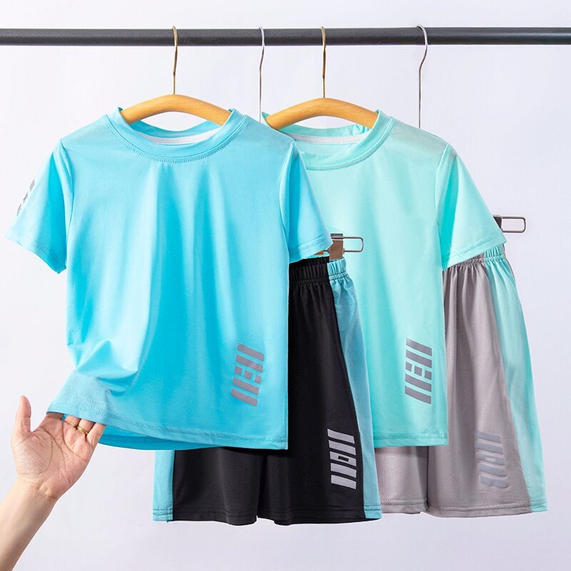 Children'S Sports Suit Summer Clothes Boys' Casual Ice Silk Short-Sleeved T-Shirt Summer Quick-Drying Middle And Big Children'S Basketball Clothes T-Shirt Set - Image 2