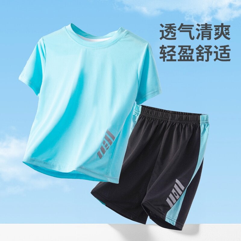 Children'S Sports Suit Summer Clothes Boys' Casual Ice Silk Short-Sleeved T-Shirt Summer Quick-Drying Middle And Big Children'S Basketball Clothes T-Shirt Set - Image 3