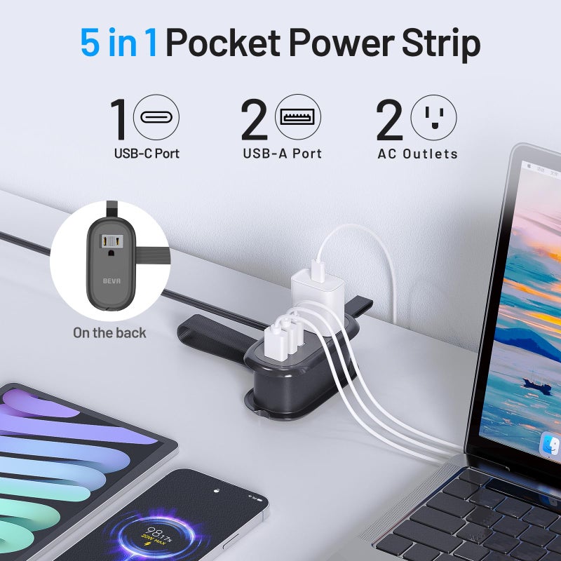 BEVA Travel Power Strip with USB C Ports, 4FT Extension Cord, 2 Outlets, 3 USB Ports, Cruise Ship Essentials (3.4A Charge, Black) - Image 2