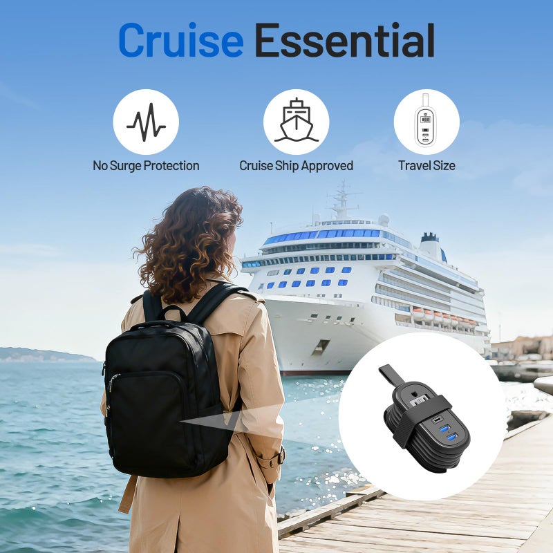 BEVA Travel Power Strip with USB C Ports, 4FT Extension Cord, 2 Outlets, 3 USB Ports, Cruise Ship Essentials (3.4A Charge, Black) - Image 5