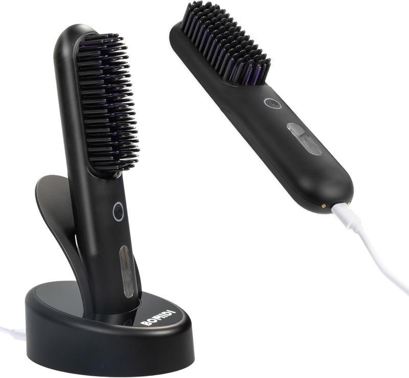 BOMIDI Cordless Hair Straightener Brush with Detachable for Easy Clean, 200M Negative Ions, 6-Speed Smart Temp Control and Type-C/Base Dual Charging, Travel-Friendly Styling Tool - Black - Image 1